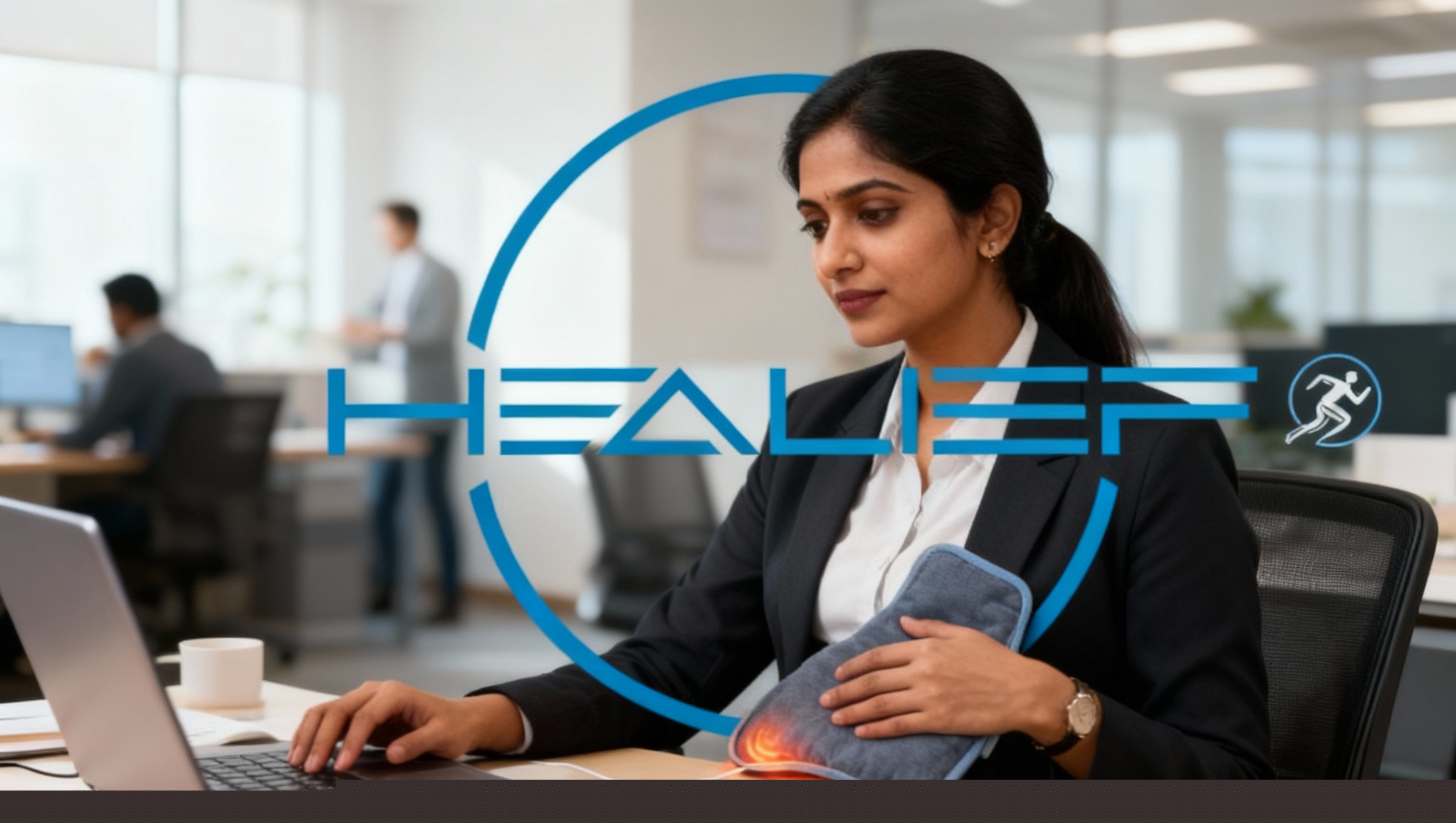 Woman using Healief heating pad for pain relief